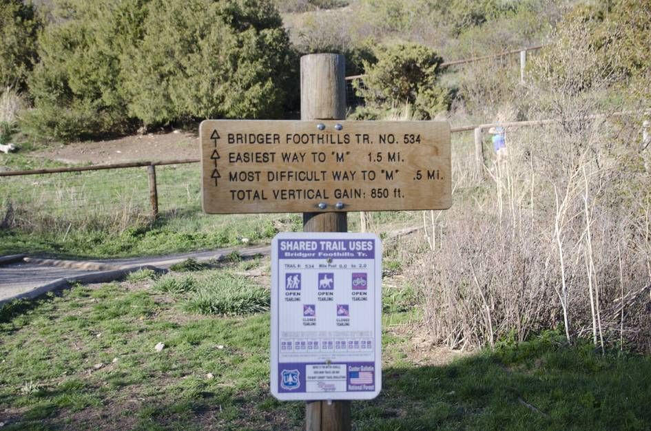 Trail sign showing Bridger Foothills directions and shared trail uses