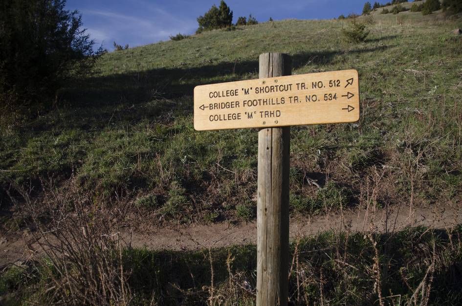 Trail junction sign for College M Shortcut and Bridger Foothills