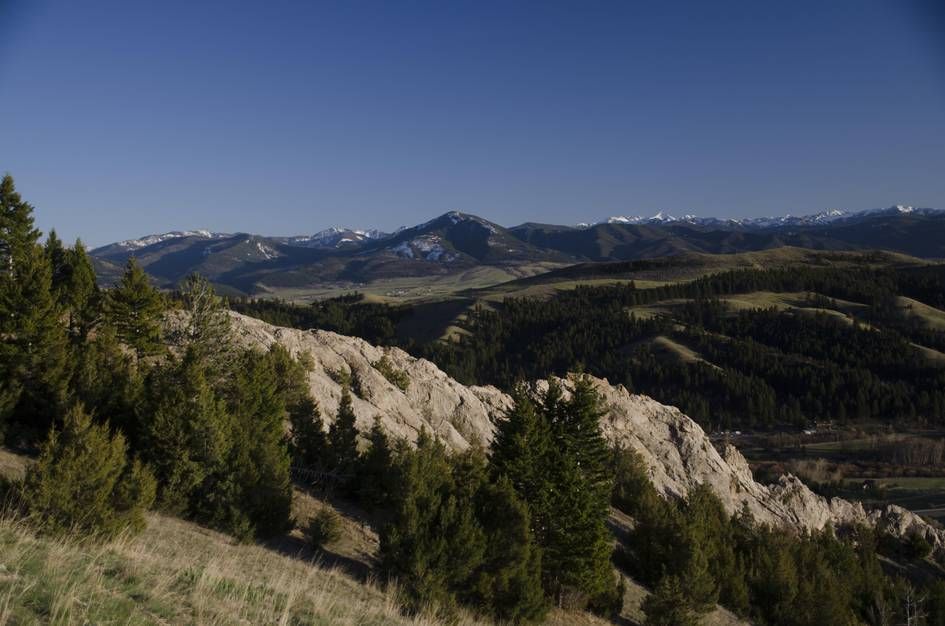 Panoramic view of the Gallatin Valley and distant snow-capped mountains from The M trail in early spring