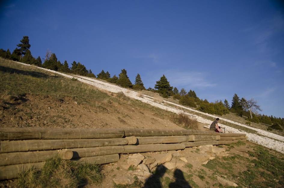 Person sitting on log bench at the M overlook