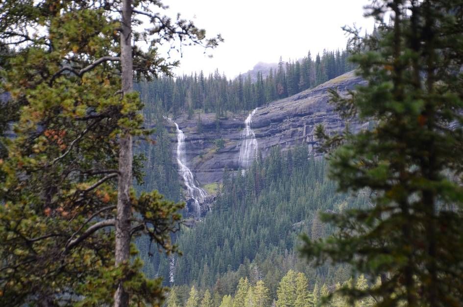 Distant view of twin waterfalls cascading down rock cliff through spruce forest