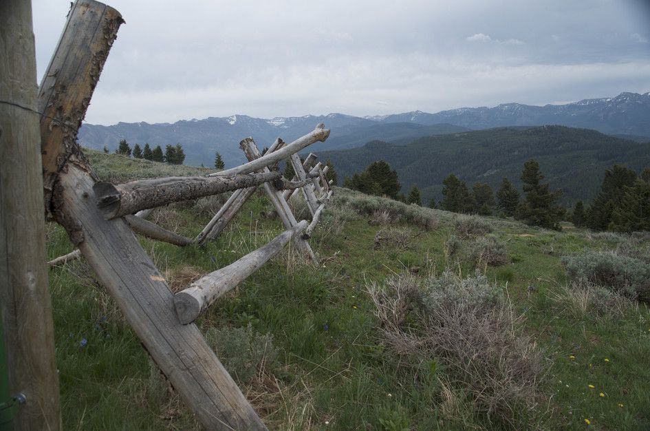 Rustic log fence line along alpine meadow with snow-capped peaks in distance