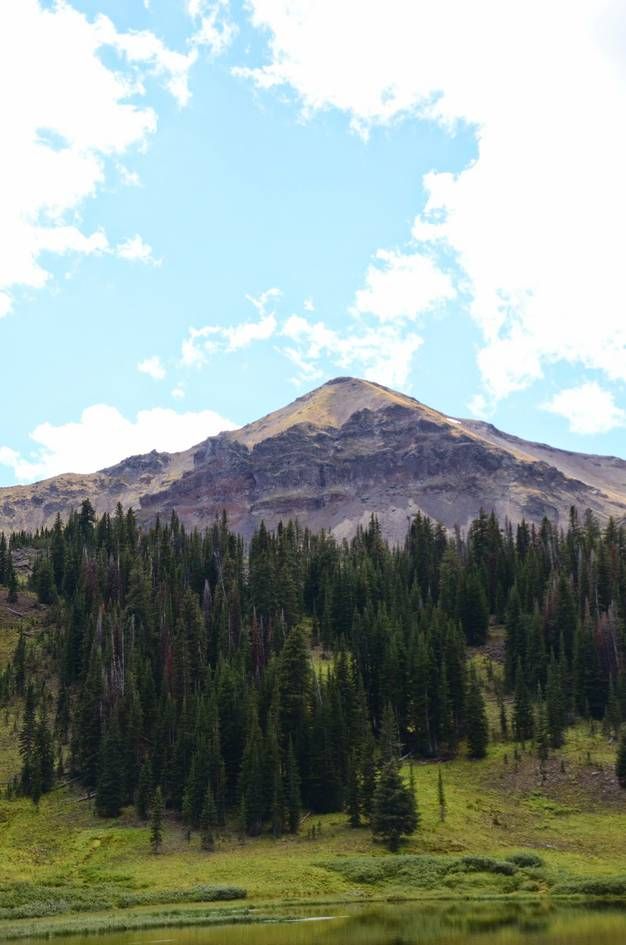 Hyalite Peak rising above spruce forest with green meadow and lake shore