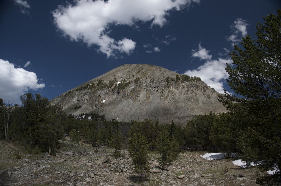 Bare alpine peak rising above treeline with scattered pines and rocky terrain