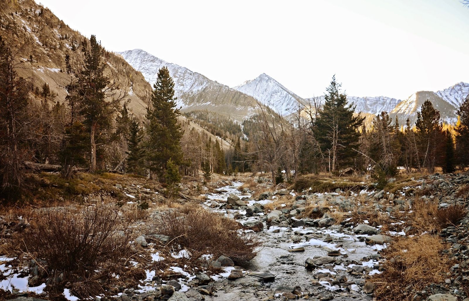 Cottonwood Creek flowing through rocky valley with snow-capped Crazy Mountain peaks