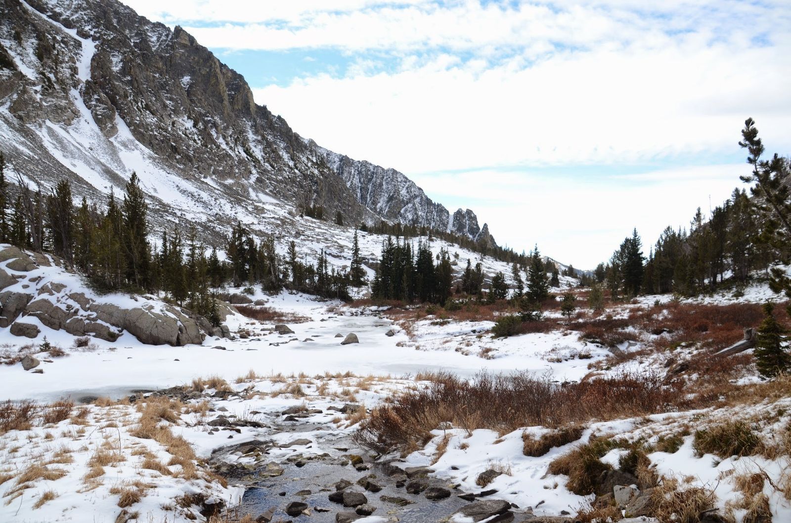 Frozen alpine meadow with creek and dramatic granite cirque walls