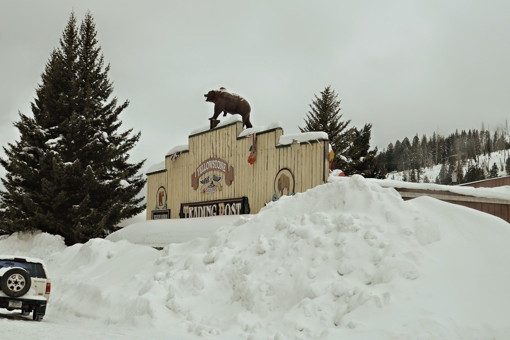 Yellowstone Trading Post in Cooke City with a large bear statue on the roof, surrounded by towering snow piles