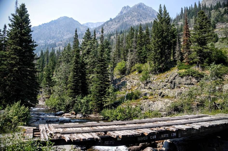 Old log bridge crossing creek with jagged peak and forest behind