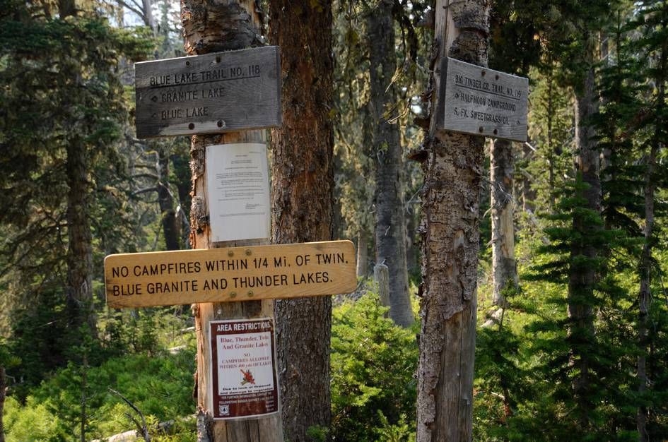 Trail junction signs for Blue Lake Trail and Big Timber Creek with campfire restrictions