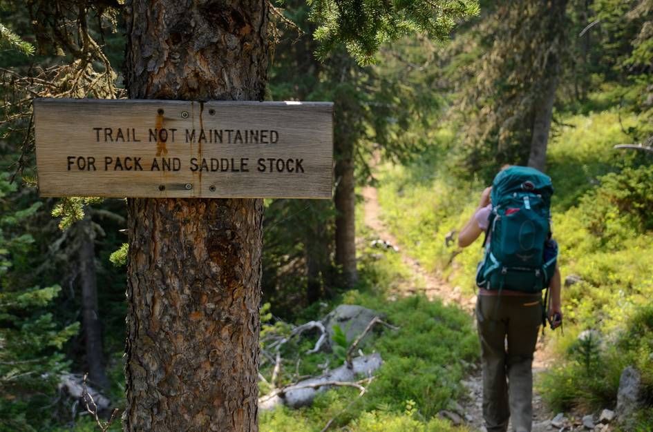Backpacker passing trail not maintained for pack and saddle stock sign in forest