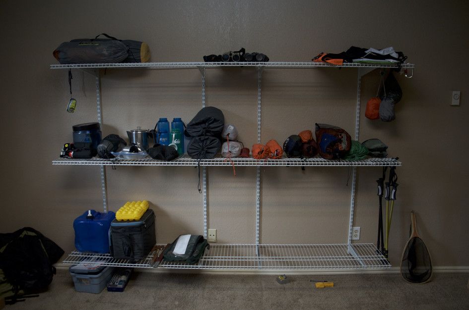 Labeled shelves with gear