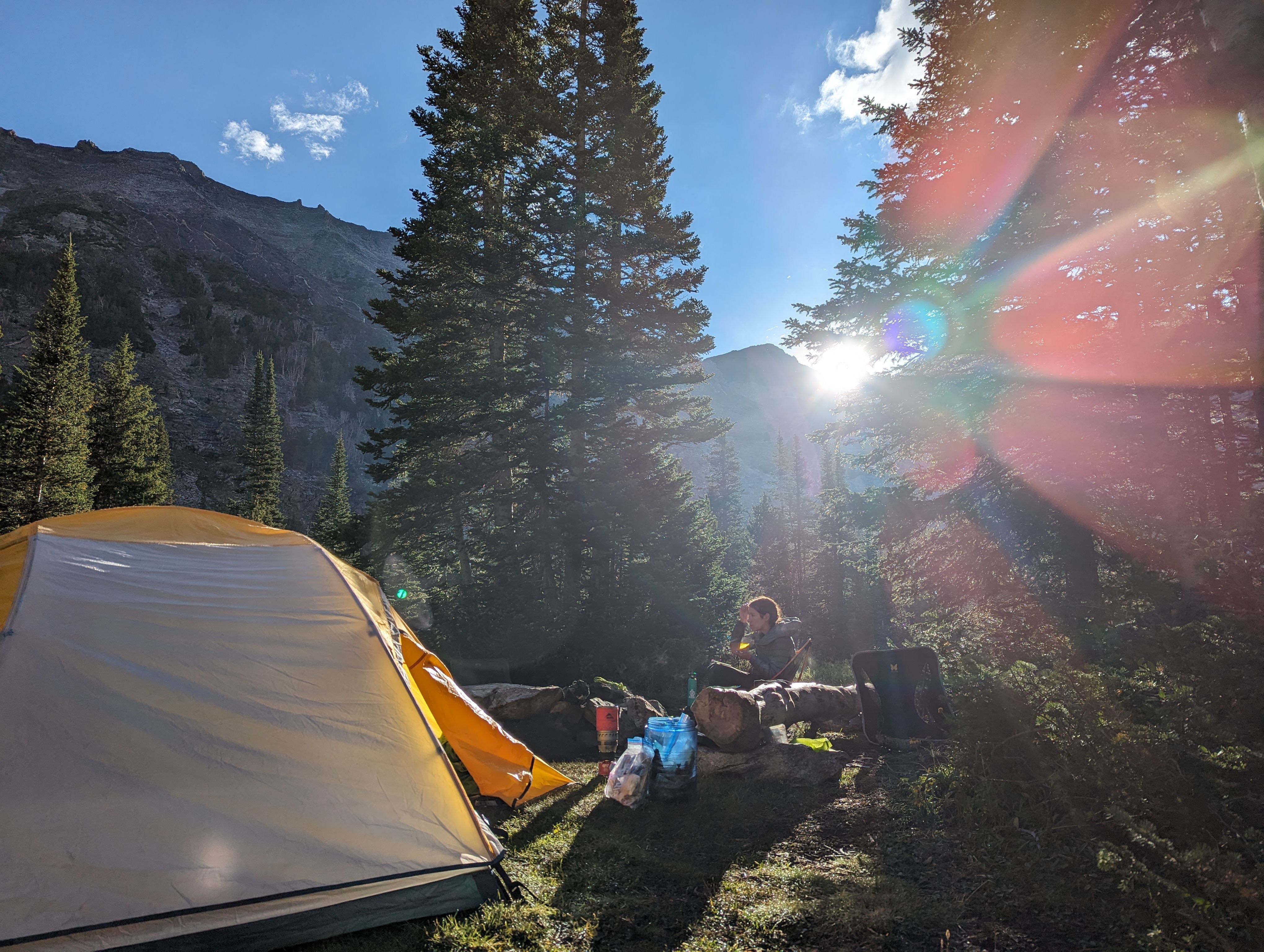 Backcountry campsite with tent and camper surrounded by evergreen trees and mountain views in morning sunlight