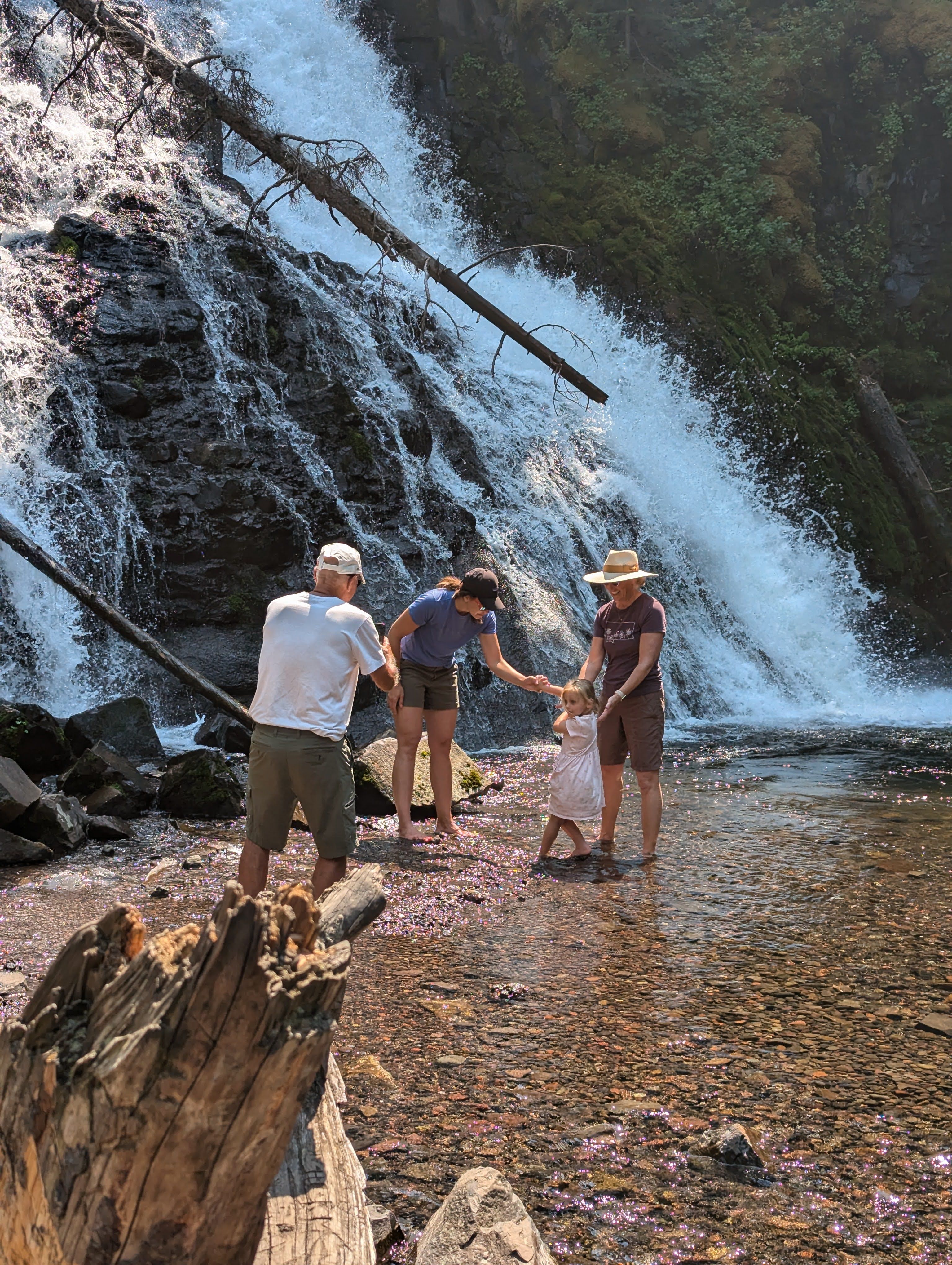 Family wading in the shallow pool at the base of Grotto Falls with the cascade behind them
