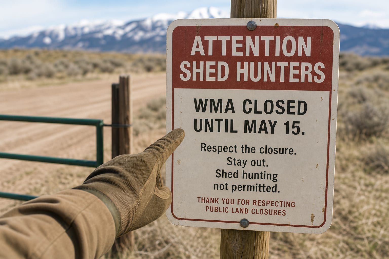 Gloved hand pointing to an FWP sign reading: Attention Shed Hunters, Public Lands WMA Closure in Effect, WMAs are closed until noon May 15