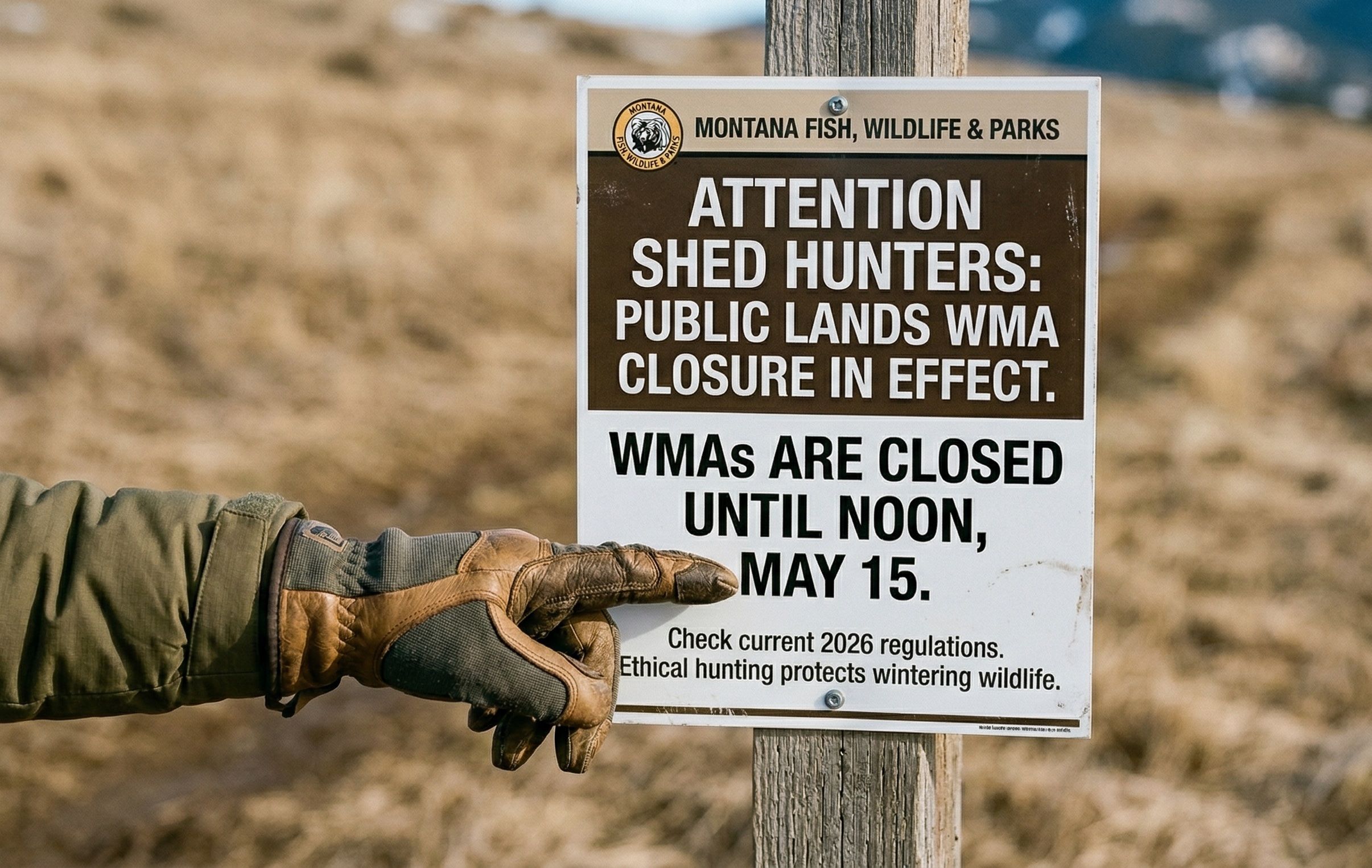 Gloved hand pointing to an FWP sign reading: Attention Shed Hunters, Public Lands WMA Closure in Effect, WMAs are closed until noon May 15