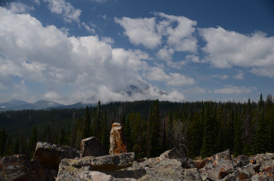 Rock cairn in foreground with Lone Peak obscured by clouds over evergreen forest