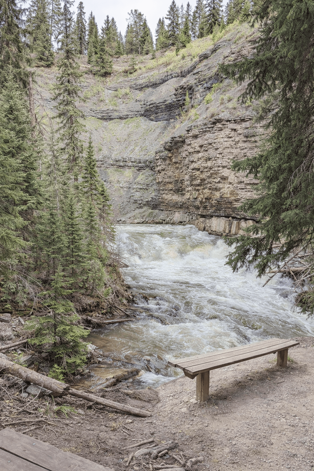Wooden bench overlooking rushing creek in layered rock canyon