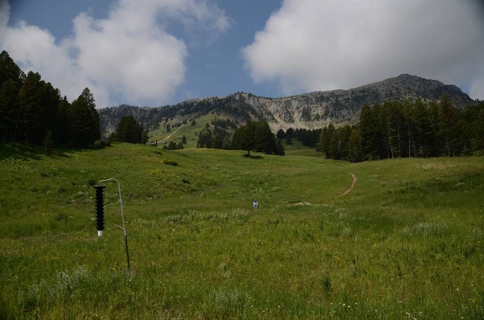 View of entire hike showing green meadow, chairlift line, and rocky Bridger Ridge