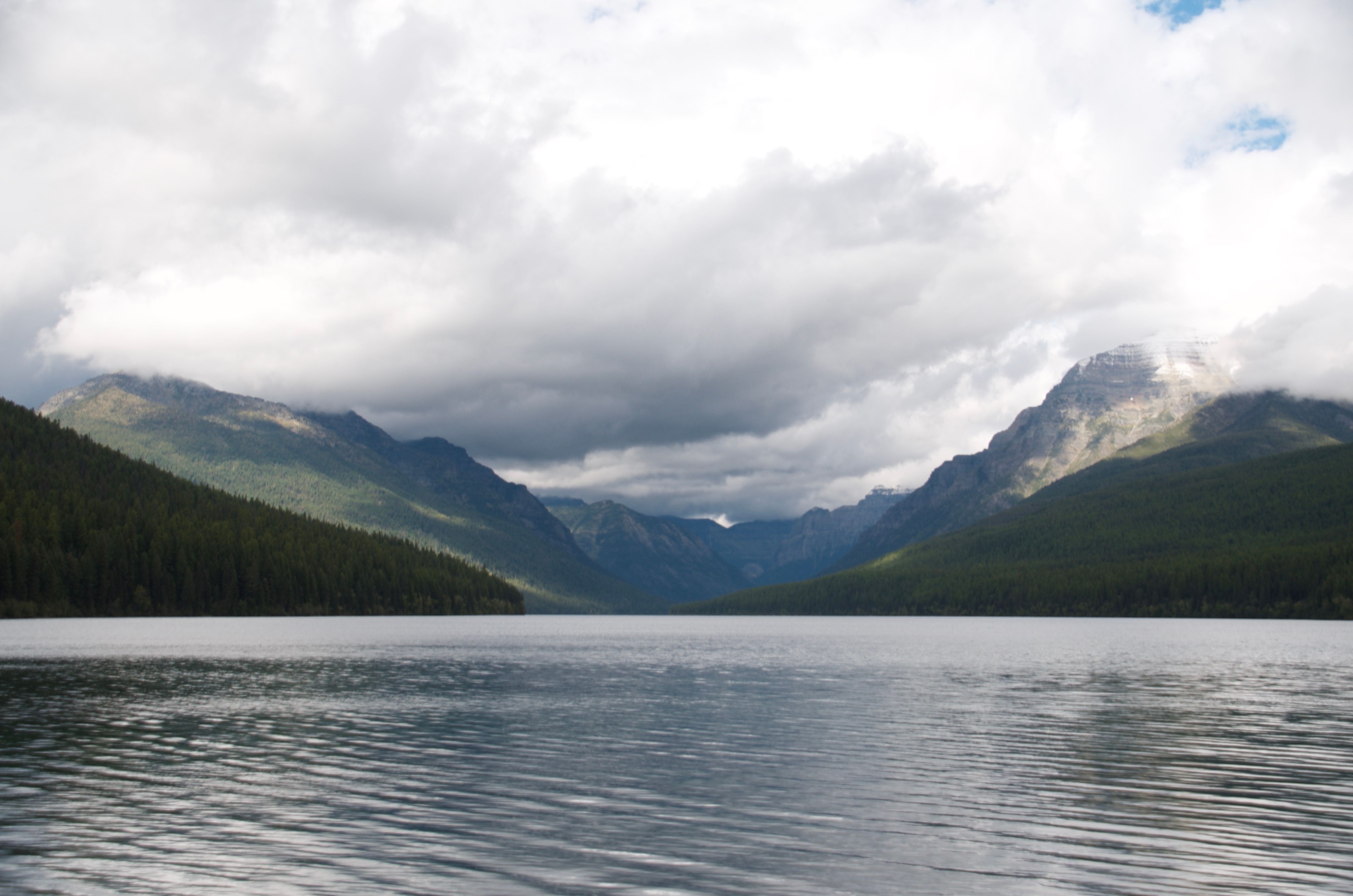Bowman Lake looking toward the mountain headwall