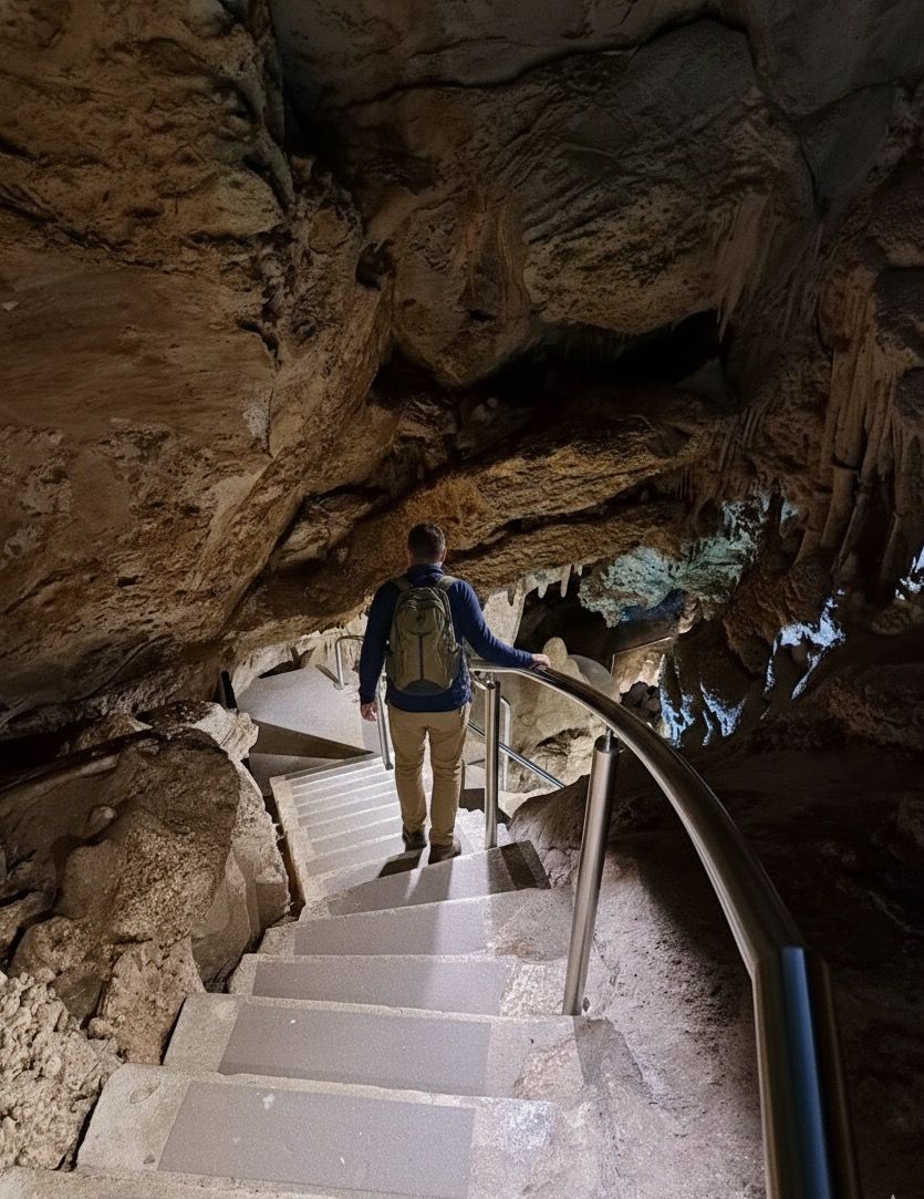 Descending stairs past stalactites in the cave