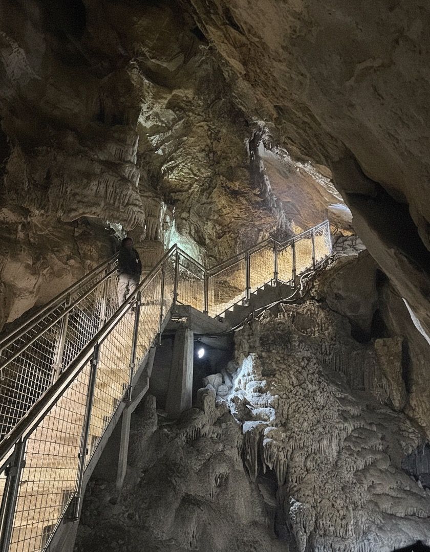 Metal stairs and walkways winding through large cave chamber