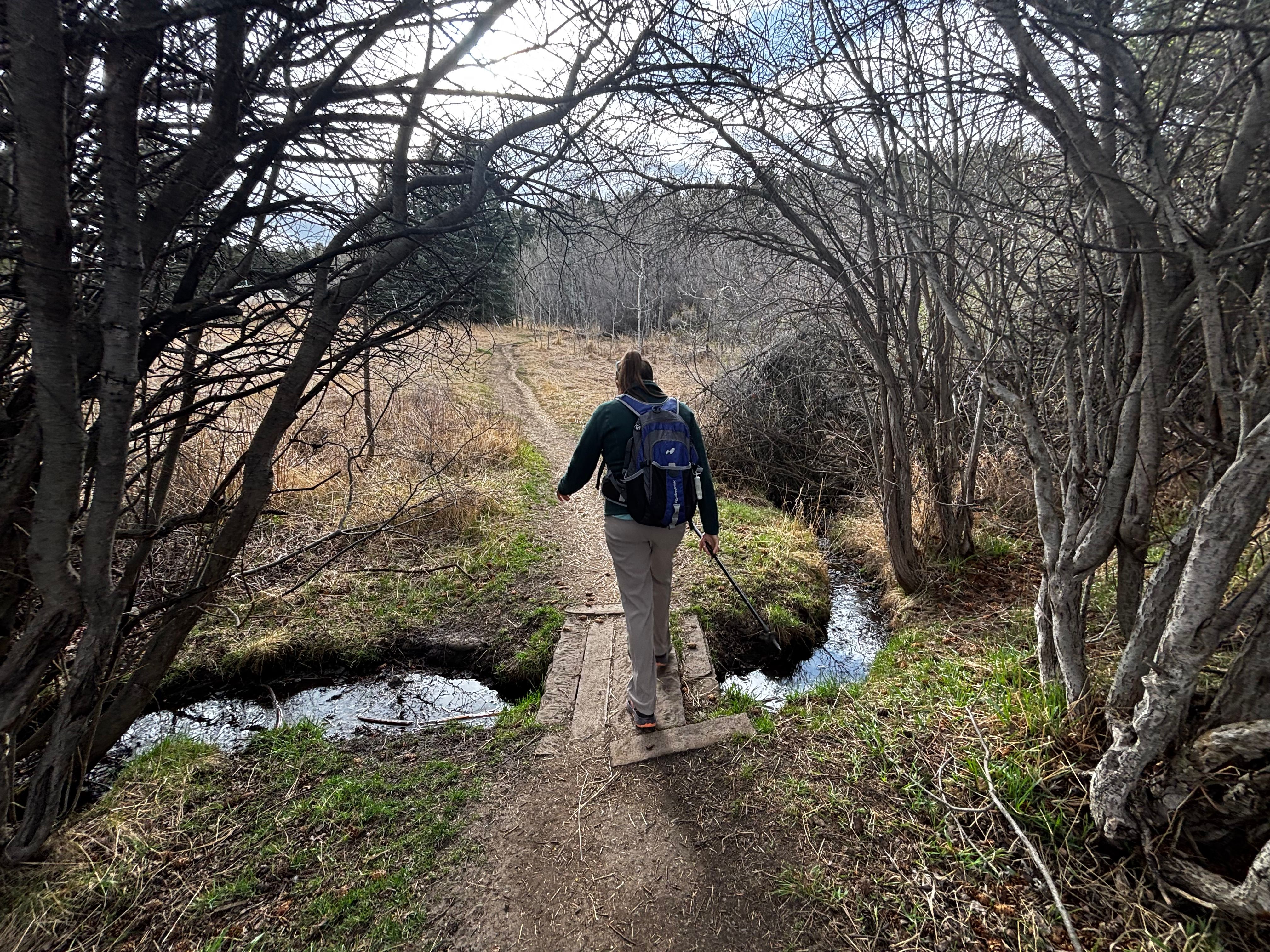 Hiker crossing a narrow wooden footbridge over a small creek at the base of Kirk Hill