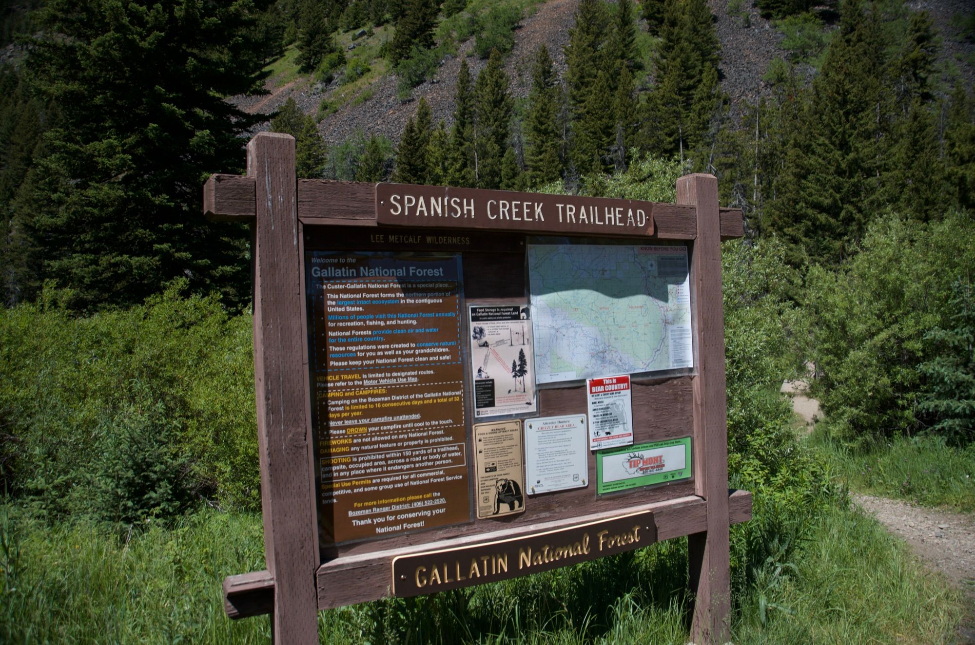 Spanish Creek Trailhead information kiosk at Gallatin National Forest