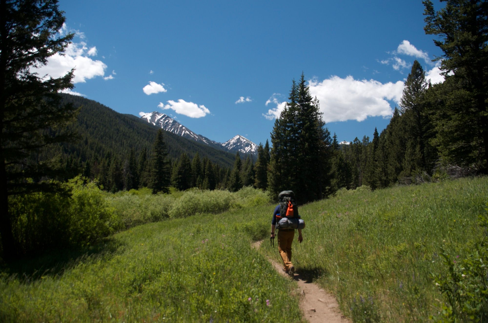 Backpacker hiking through green meadow toward snow-capped Spanish Peaks