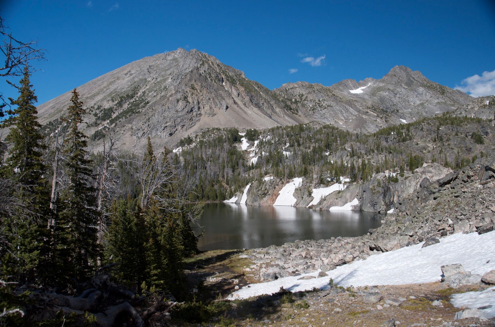 Spanish Lakes viewed from above with peaks rising behind