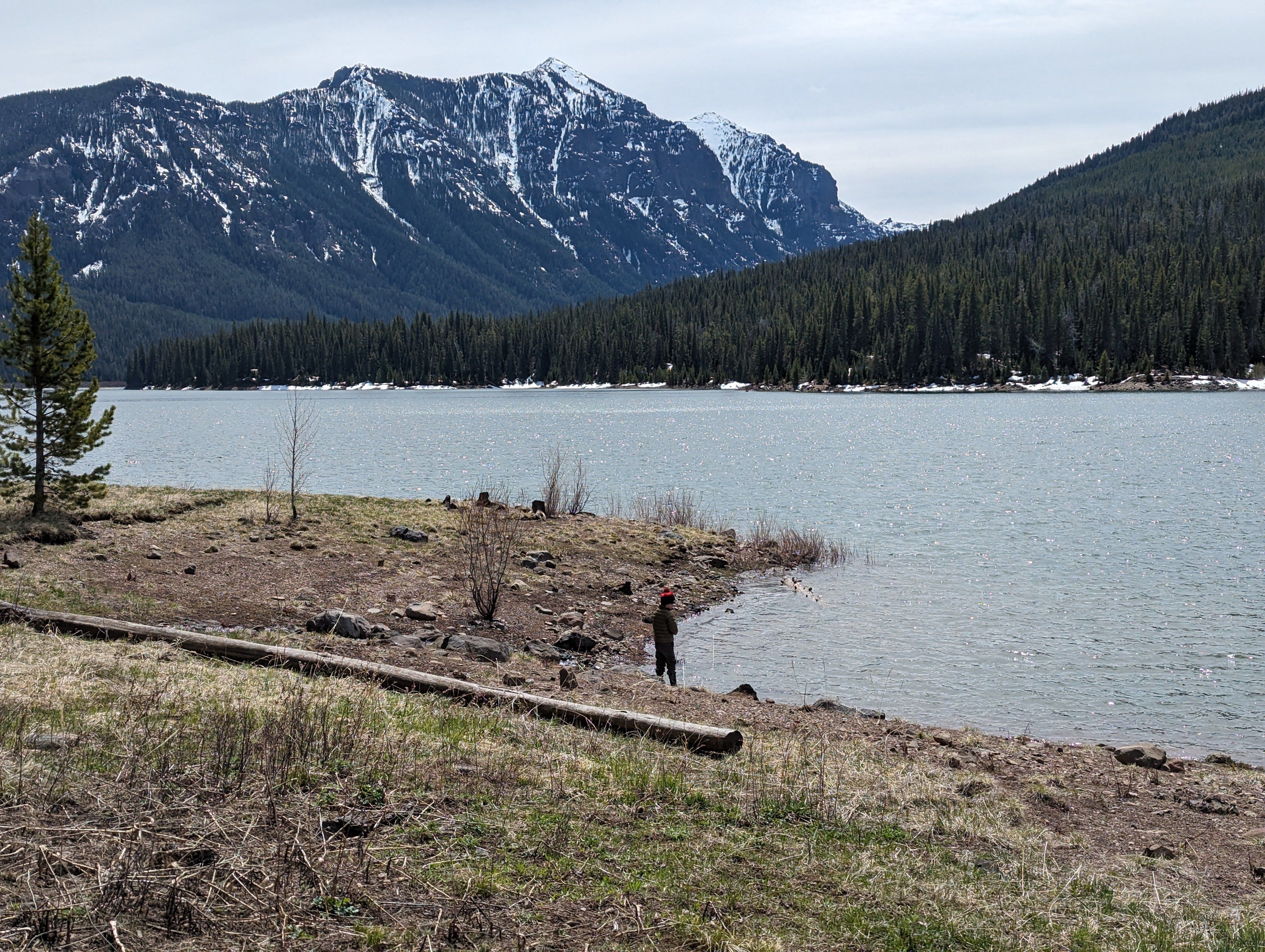 Angler fishing from the reservoir shore in early spring with snow on the mountains
