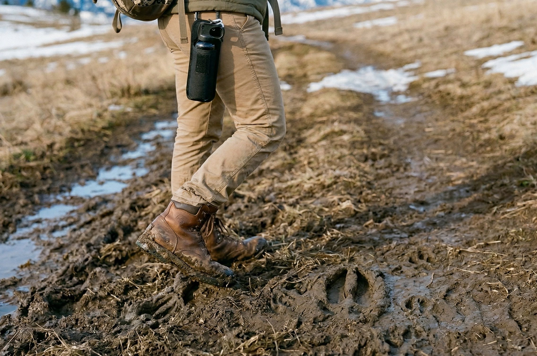 Hiker's boots walking through thick spring mud on a trail with snow patches and elk tracks visible