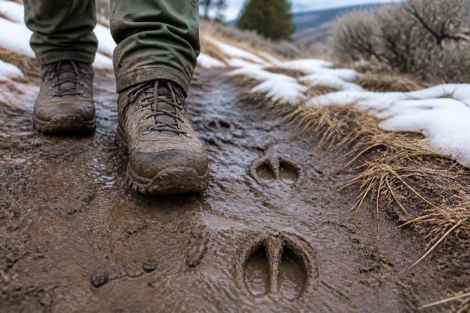 Hiker's boots walking through thick spring mud on a trail with snow patches and elk tracks visible