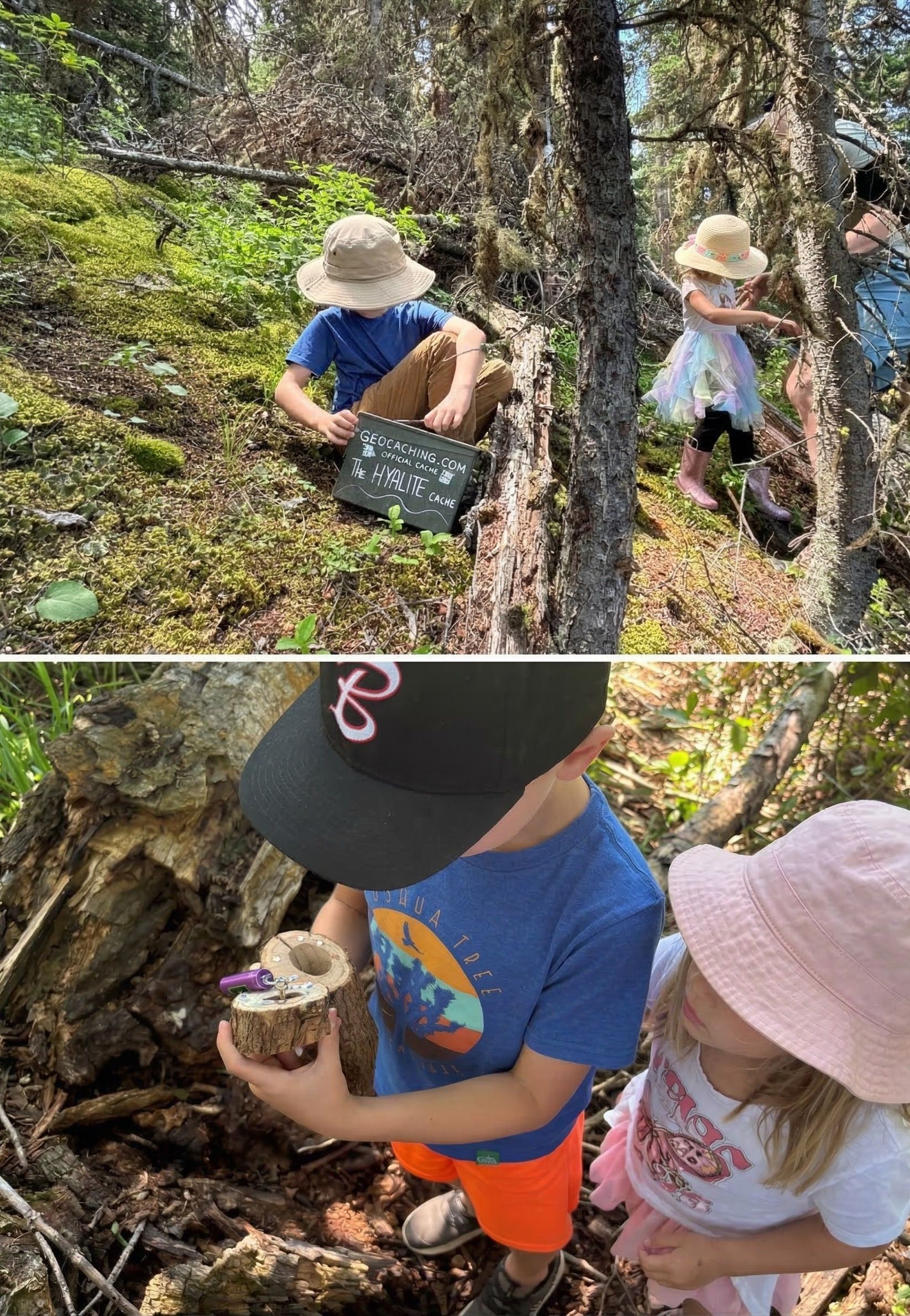 Two kids discovering geocache containers along a forested trail near Hyalite