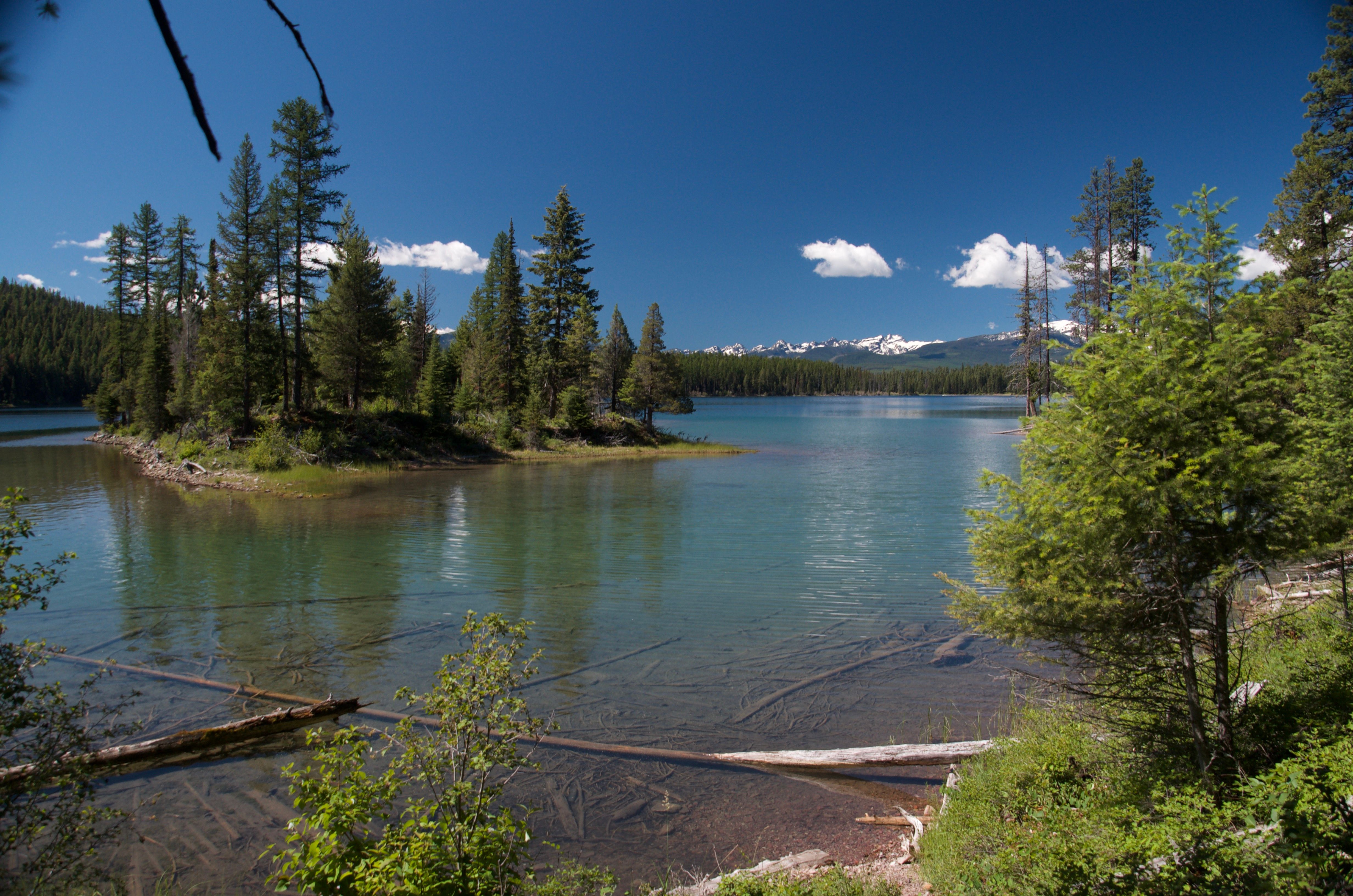 Holland Lake shoreline with a small forested peninsula and mountains in the distance