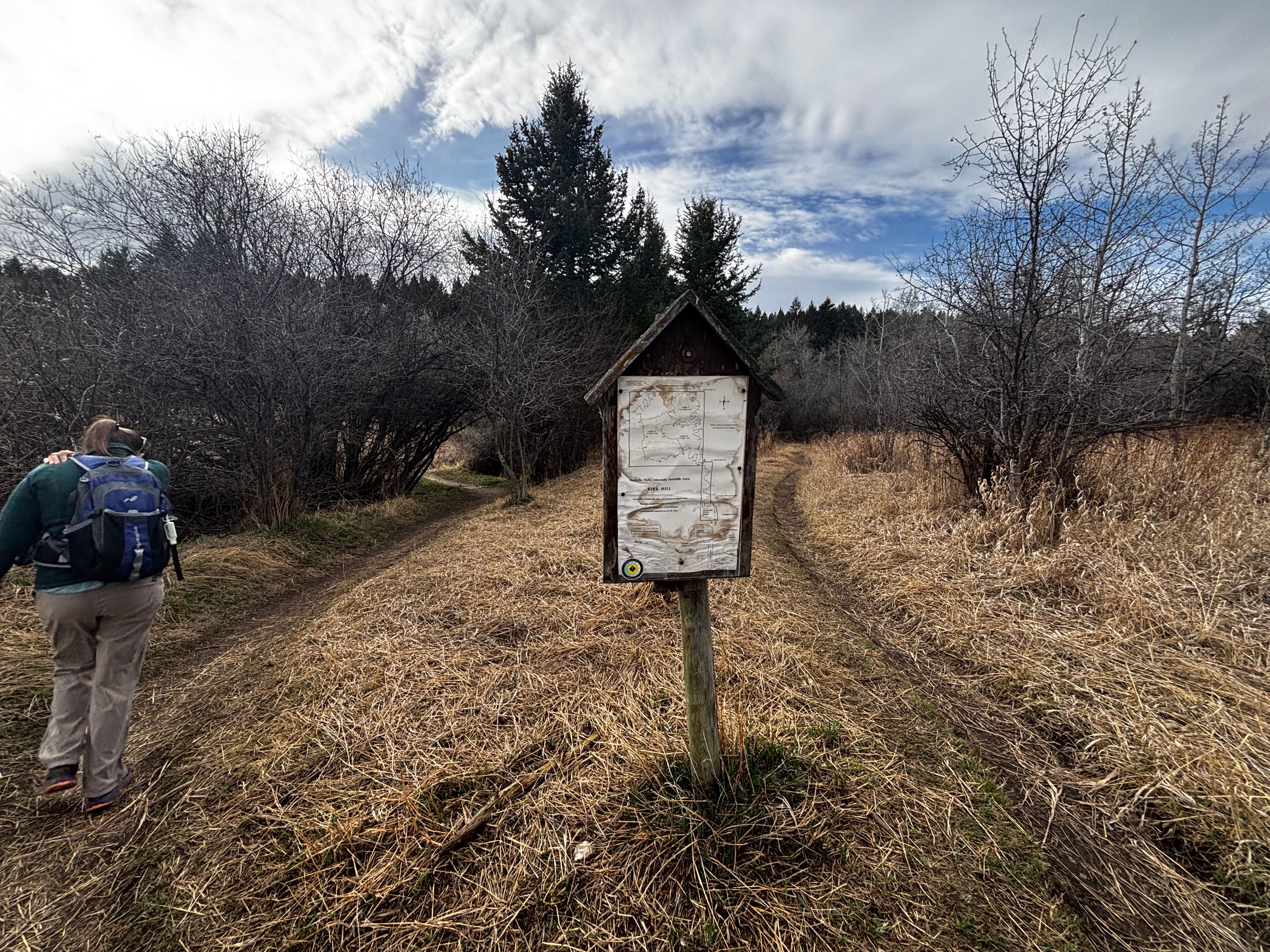 Hiker passing a junction sign post in the meadow on the lower section of Kirk Hill trail
