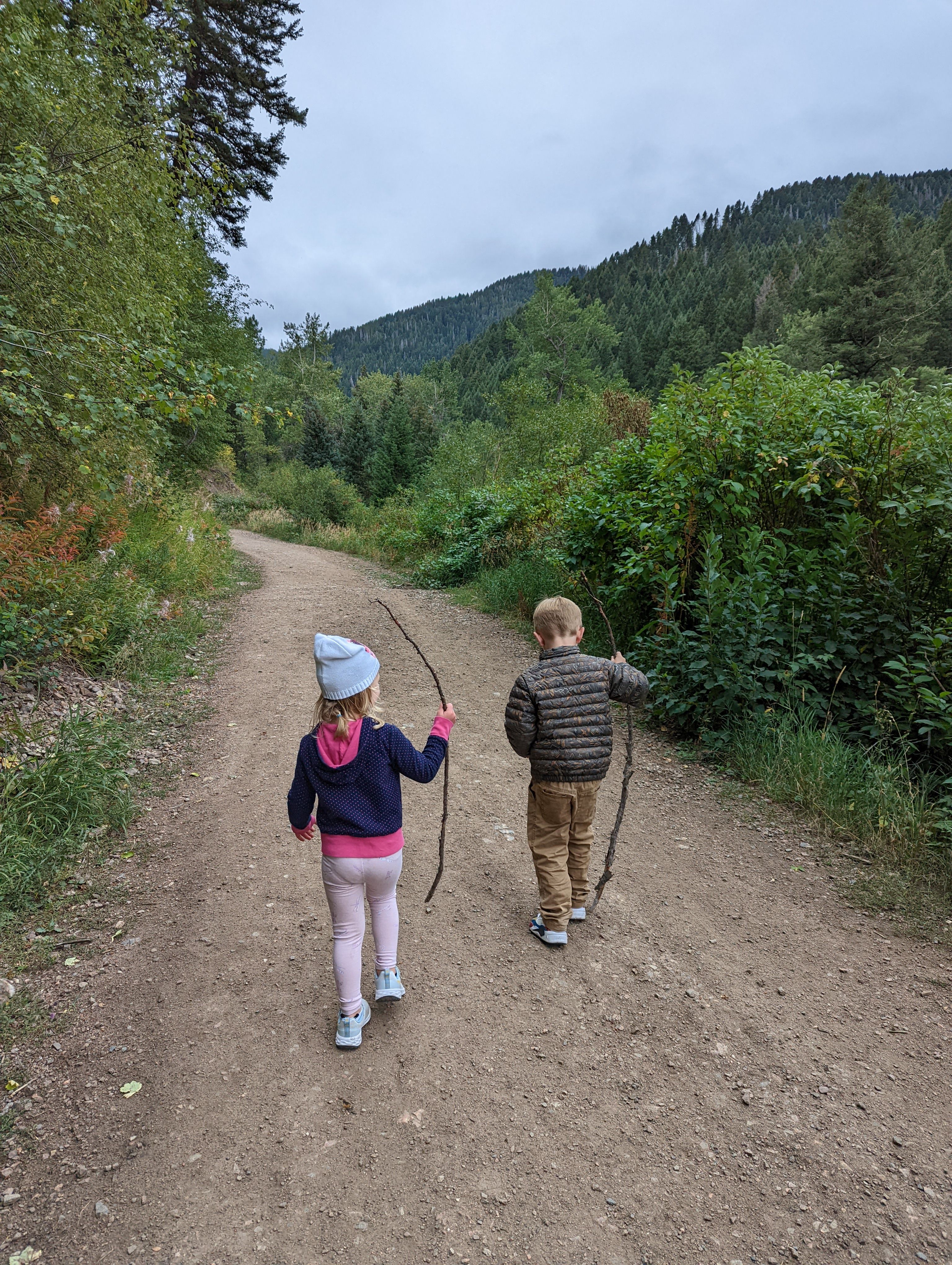 Two young kids hiking a wide dirt trail with walking sticks, green brush on both sides, mountains in the background