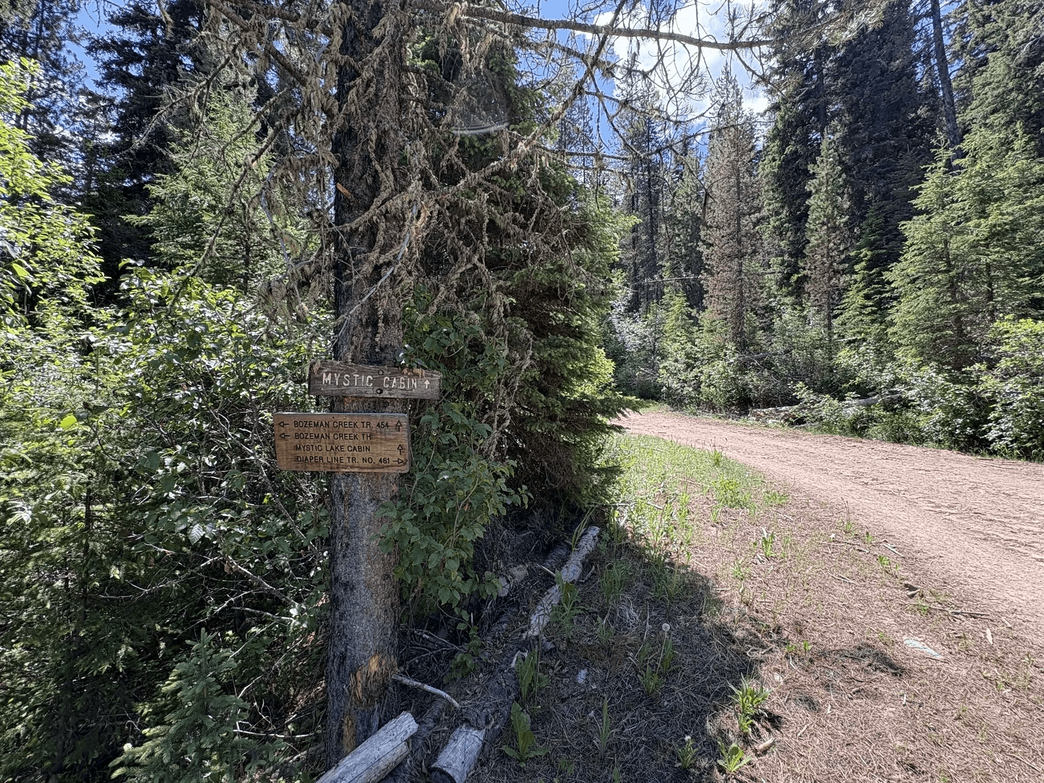 Mystic Lake Cabin sign beside the Bozeman Creek Trail