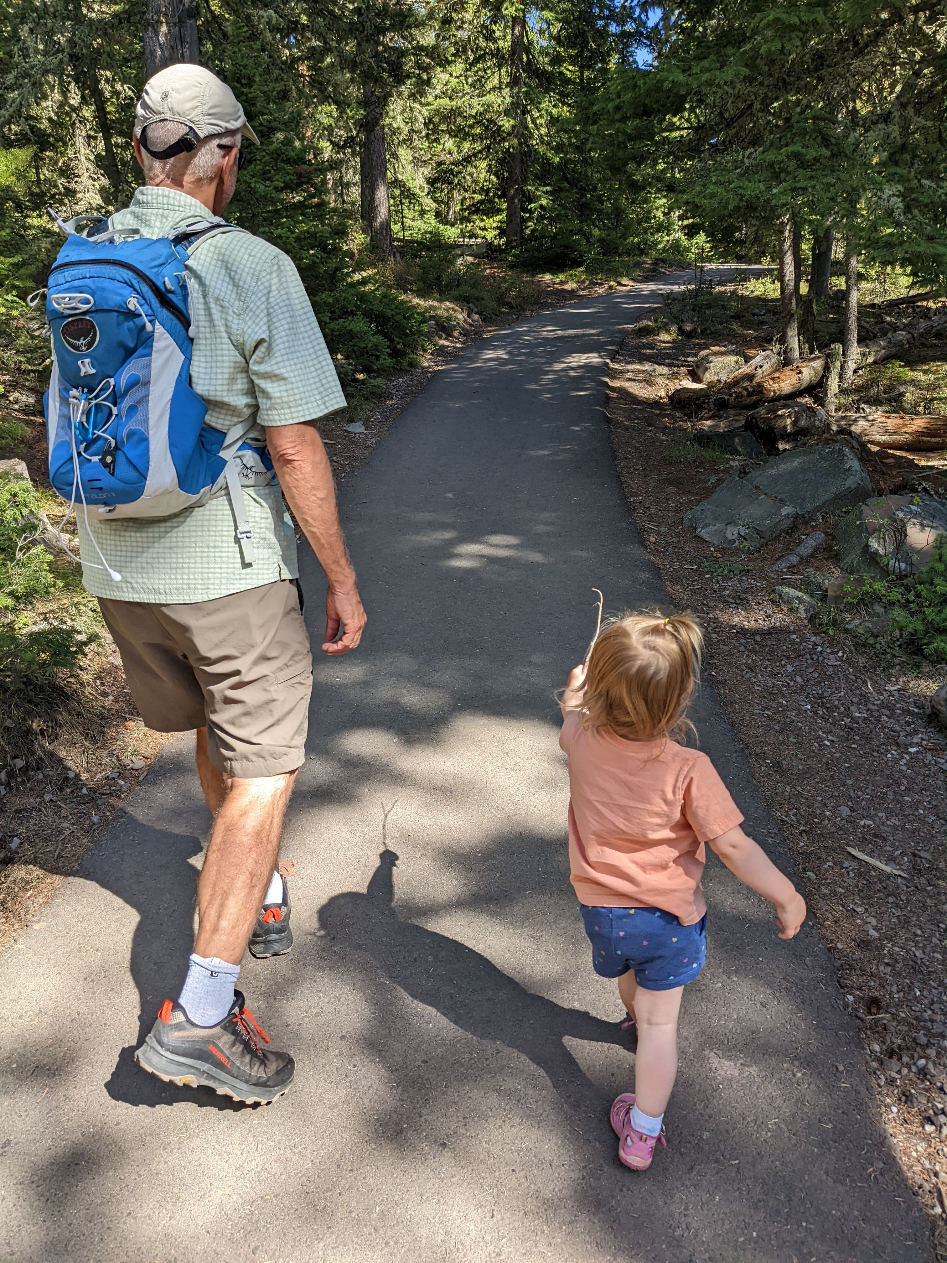 Adult and toddler walking on the paved Palisade Falls trail through pine forest in summer