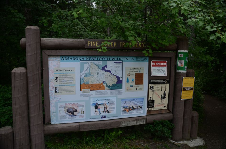 Pine Creek Trailhead information kiosk with wilderness maps and bear safety info
