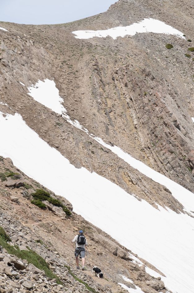 Hiker with dog approaching steep snow couloir below rocky summit