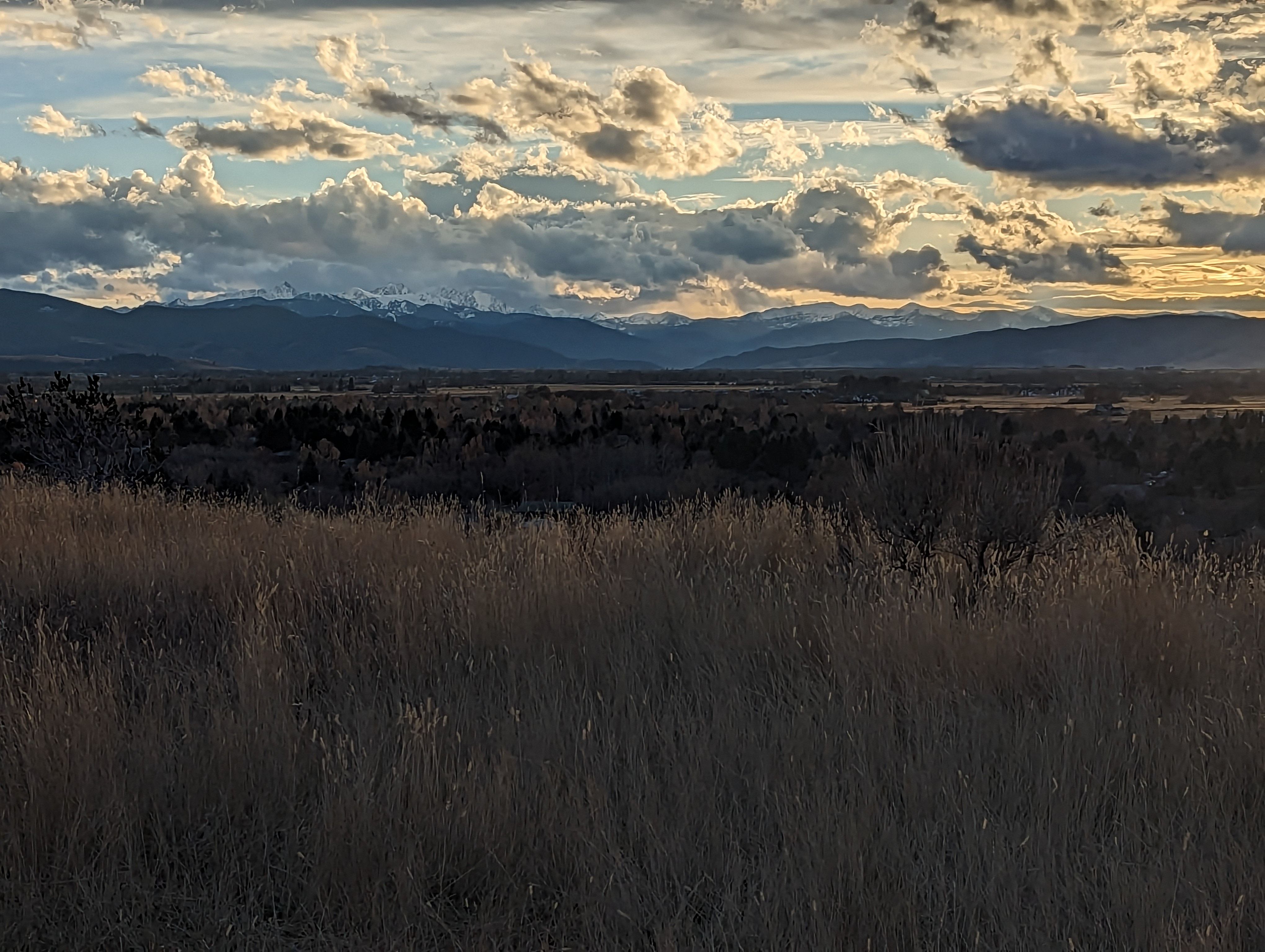 Dramatic sunset view from Peets Hill with golden light breaking through clouds over snow-capped mountains and tall grass in the foreground