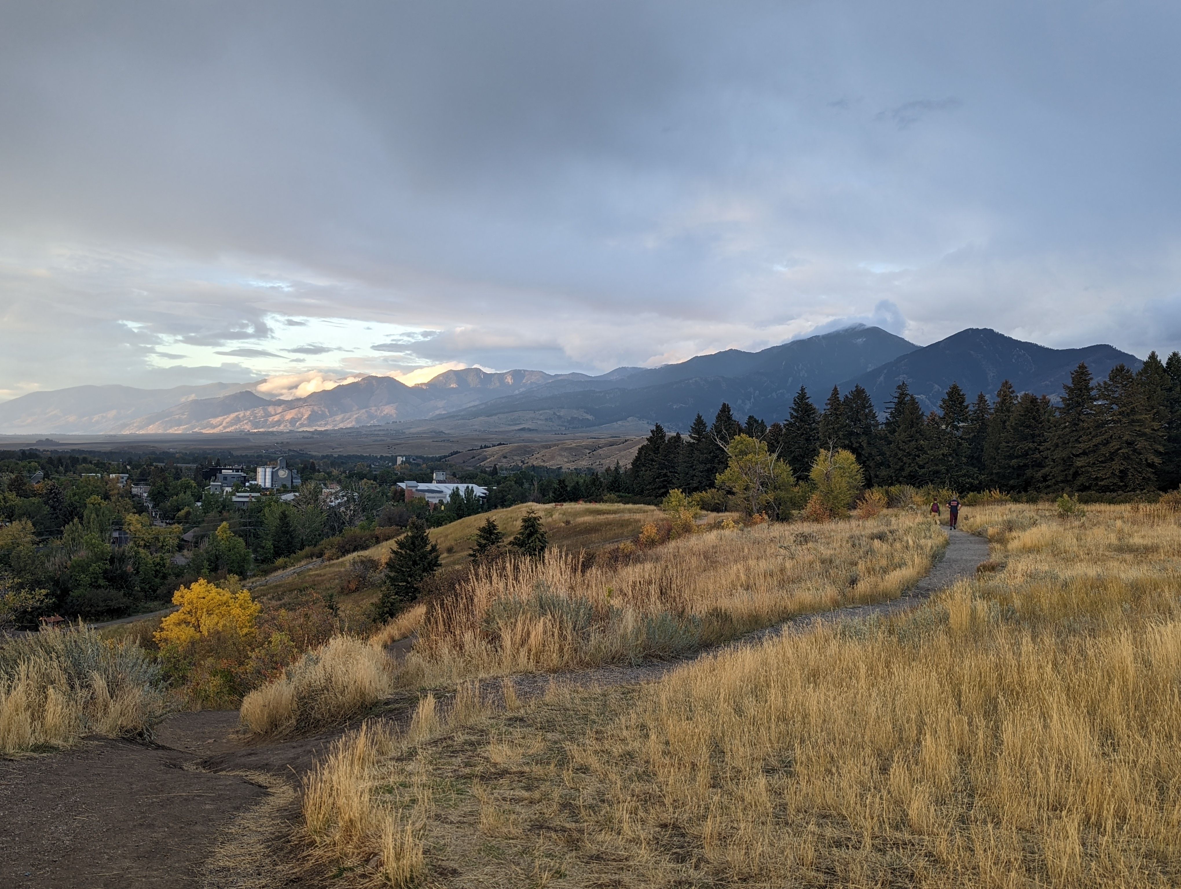 Winding gravel trail through golden autumn grasses on Peets Hill with Bozeman and the Gallatin Range visible below at golden hour