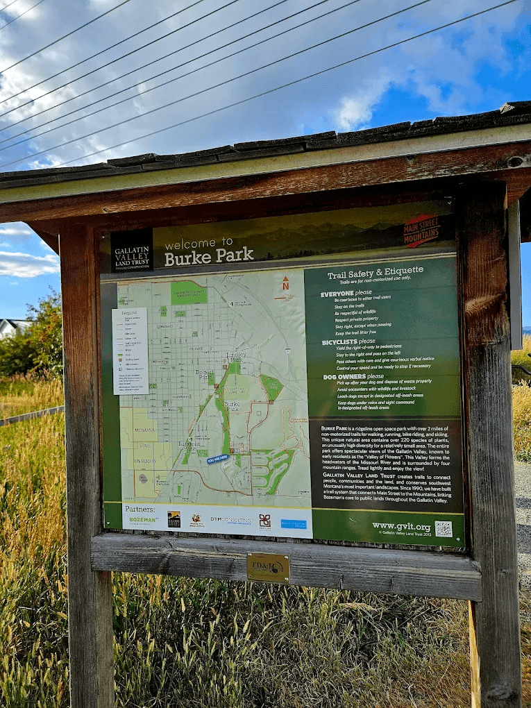 Welcome to Burke Park kiosk with trail map and safety etiquette information posted at the trailhead
