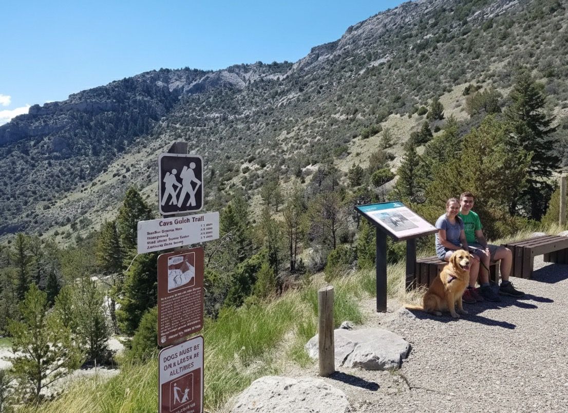 Cave Gulch Trail sign with hikers resting on bench