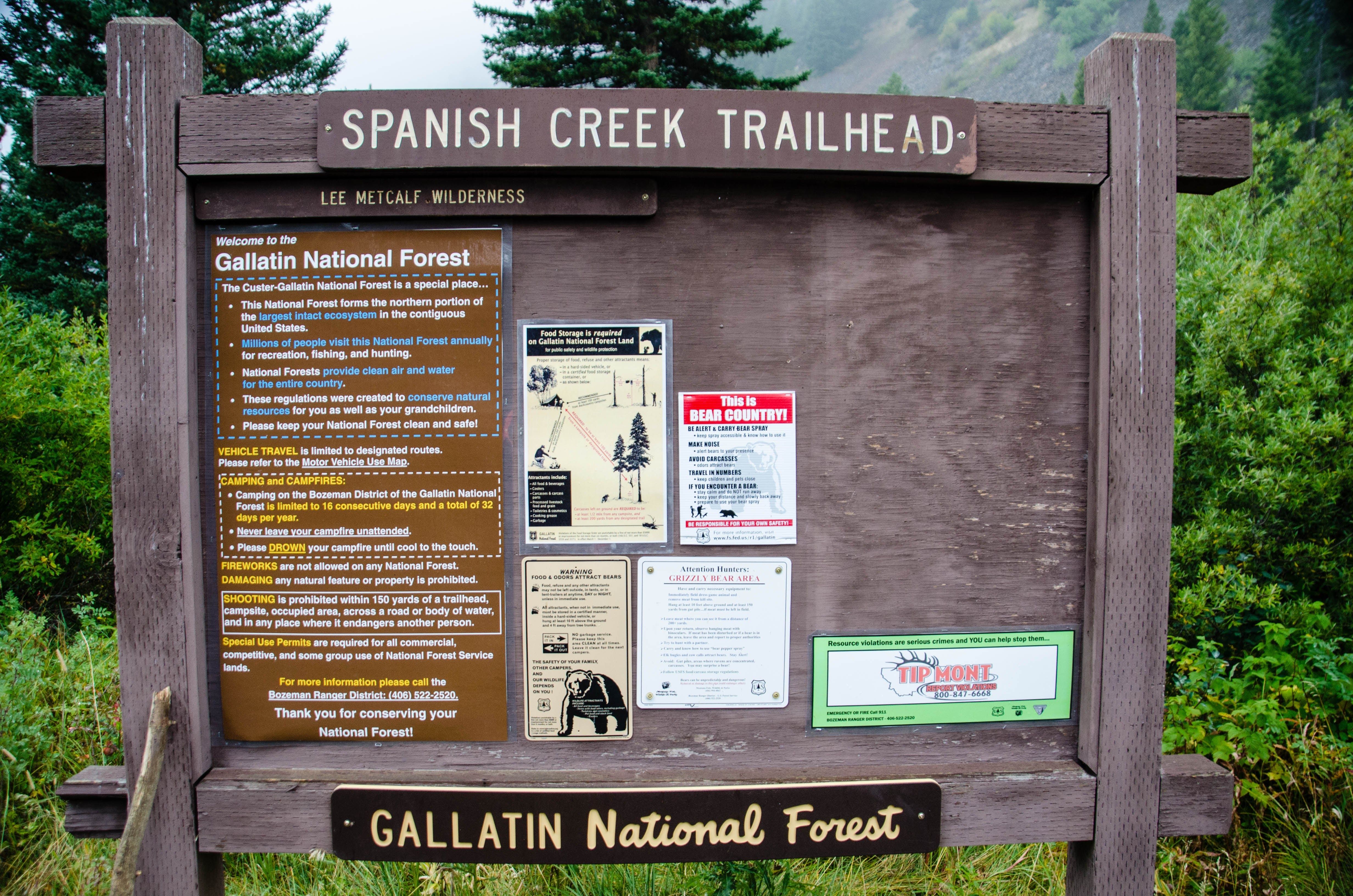 Spanish Creek Trailhead information kiosk at Gallatin National Forest