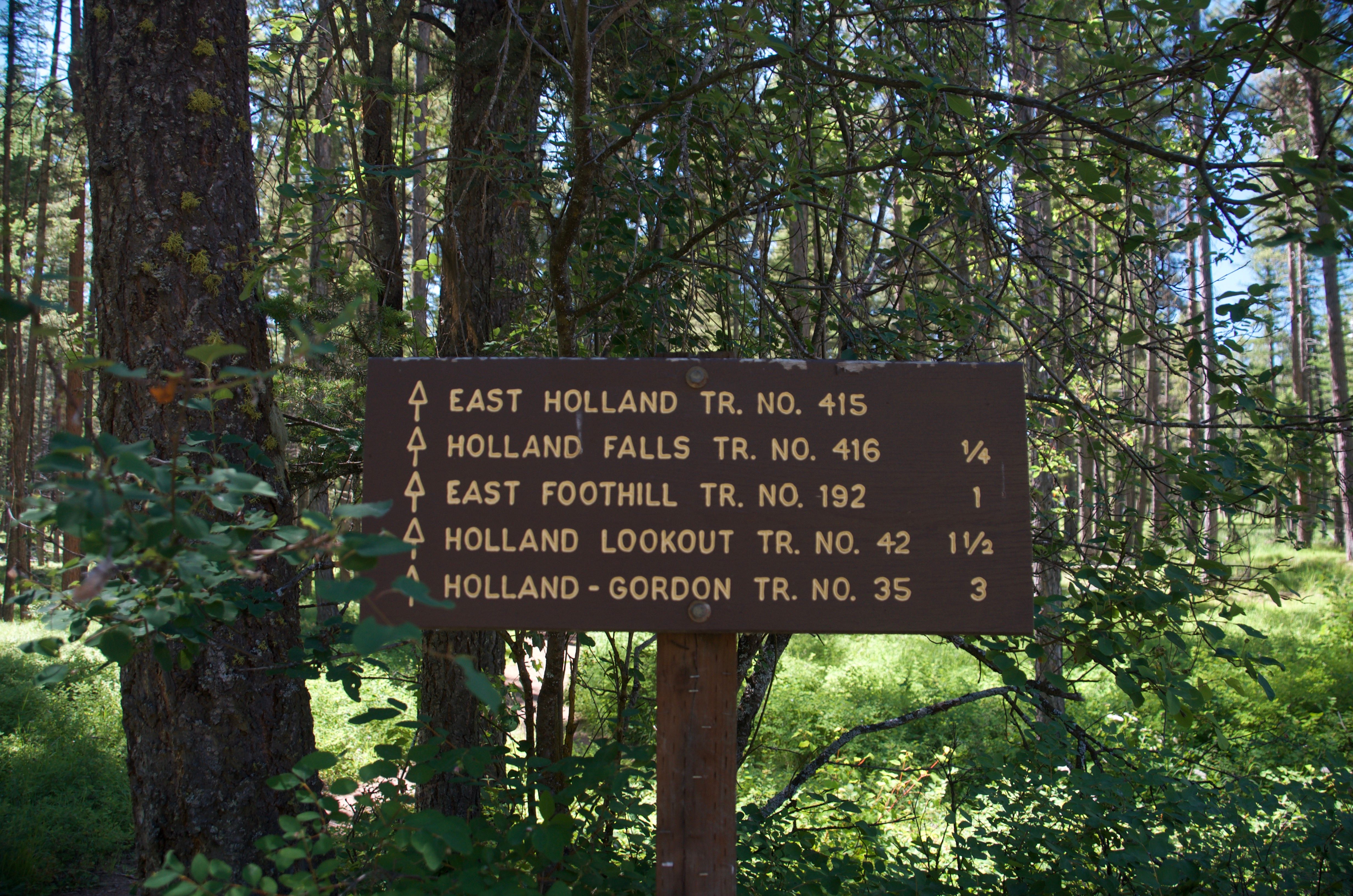 Trail junction sign showing Holland Falls Trail No. 416 and distances to nearby trails