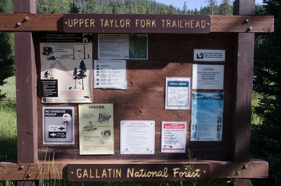 Upper Taylor Fork Trailhead information board at Gallatin National Forest