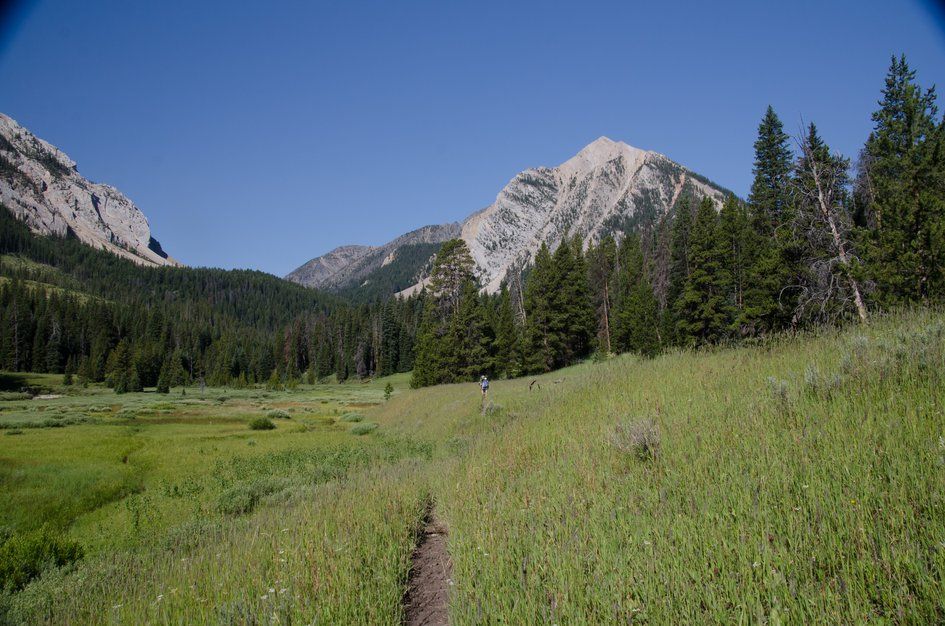 Hiker on trail through meadow with dramatic Madison Range pyramid peak ahead