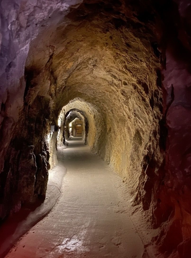 Long narrow cave tunnel with atmospheric lighting