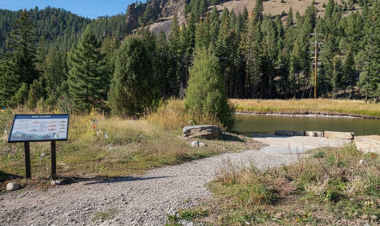 Interpretive sign and accessible concrete boat launch on the Upper Deer Creek Trail along the Gallatin River in Gallatin Canyon